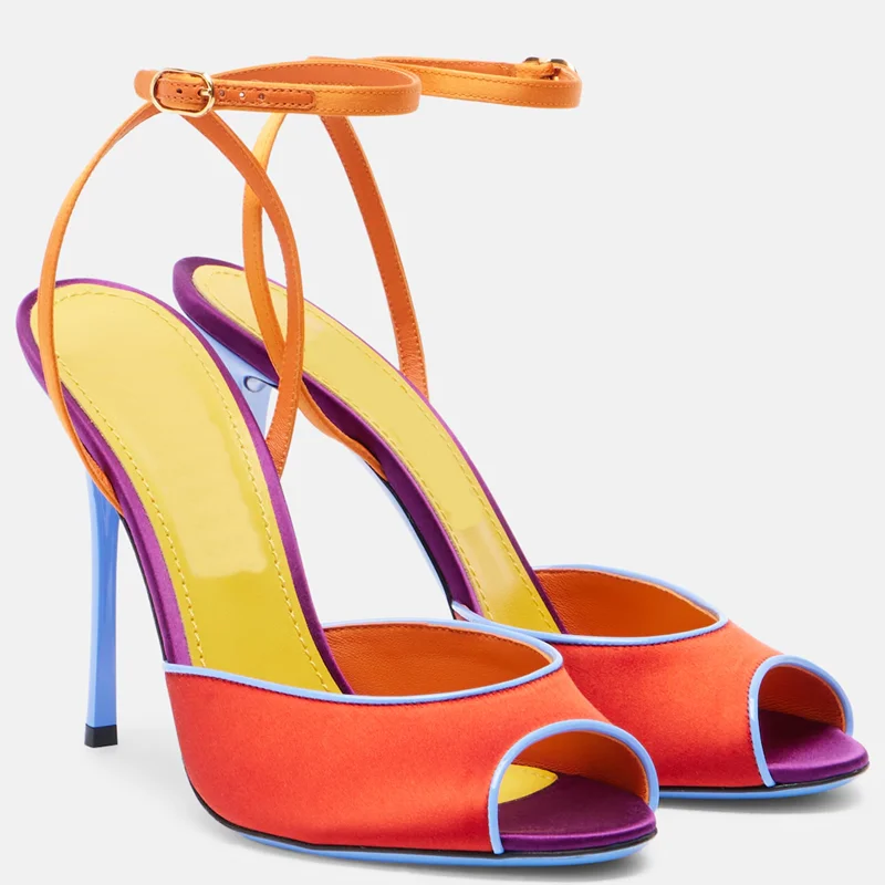 Women'S Shoes Popular - サテン混合色のピープトゥサンダル、セクシーなラウンドトゥ、細ヒール、バックストラップ、カスタマイズ可能な新作、ファッショナブルな女性用モダンシューズ
