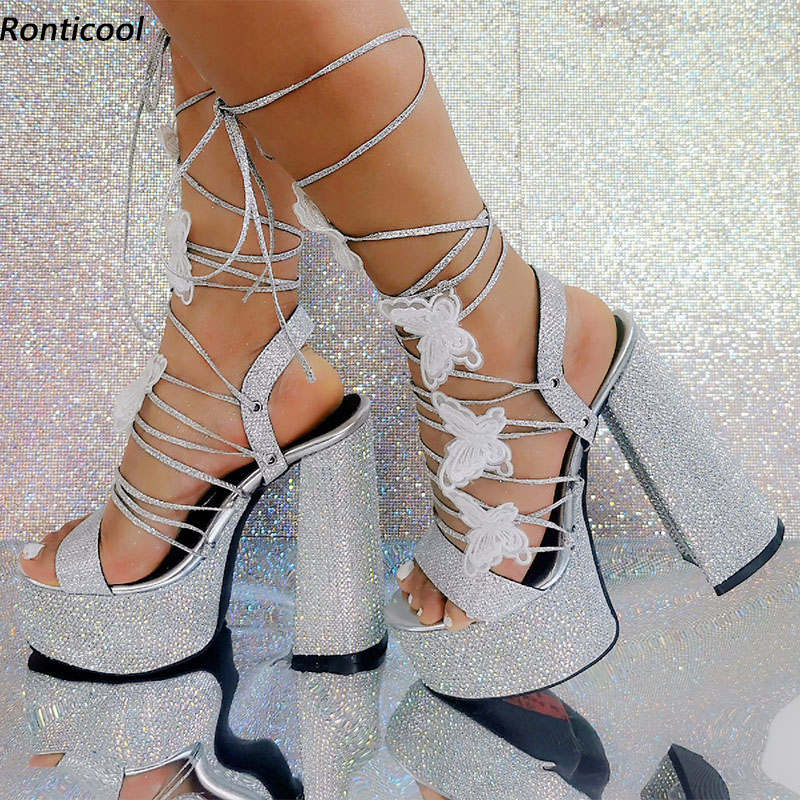 Metallic Heel Sandal - Ronticool 新しい手作り女性サマーサンダル光沢のあるラインストーンひづめかかとオープントゥゴージャスなシルバーパーティーシューズ米国サイズ 5-15