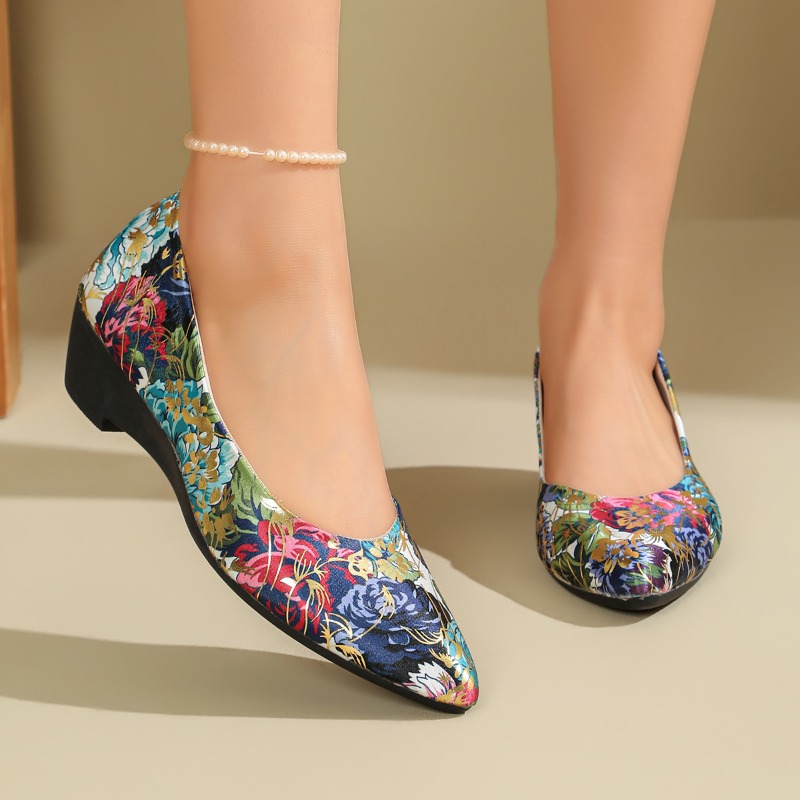Women Shoes Xxl - レディース ポインテッドトゥ 花柄プリント ウェッジパンプス 4CM ローウェッジヒール