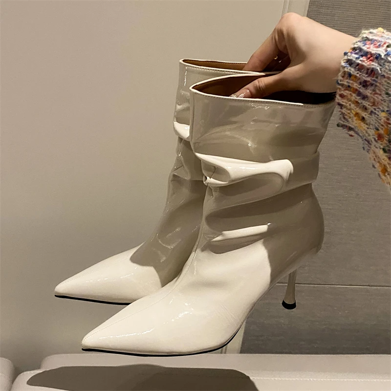 Women'S Shoes Chelsea - Aneikeh しわデザインプリーツパテントレザー女性アンクルブーツジッパー靴セクシーな薄型ハイヒール現代ショート Bota Ş Mujer