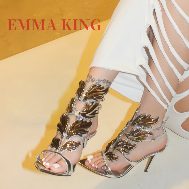 Metallic Heel Sandal - レディースメタリックウィングハイヒールサンダル、ポインテッドトゥスティレットアンクルストラップヒール、ラグジュアリーパーティーウィングハイヒールシューズ、35-44