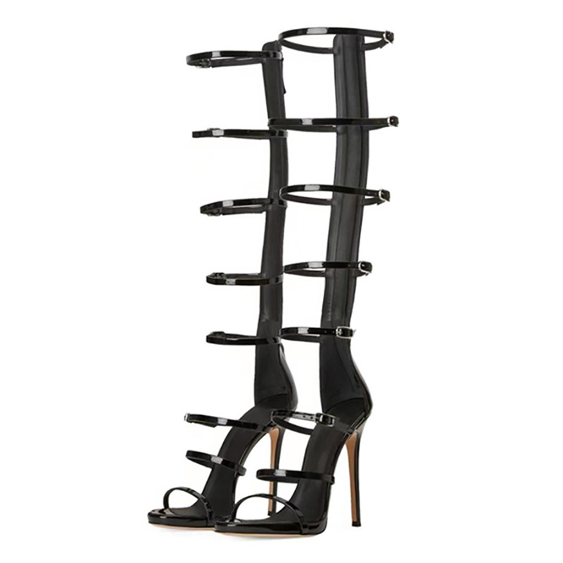 Metallic Heel Sandal - 夏の女性用クールブーツ新作2026セクシー10cmハイヒールサンダルバックルブラックゴールドドレスパーティー女性用ニーハイブーツ大きいサイズ36-43