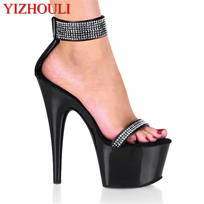 Metallic Heel Sandal - モデルセクシーな 15 センチメートルハイヒールサンダル夏光沢のあるバックル/ファッションステージキャットウォークパフォーマンスサンダル