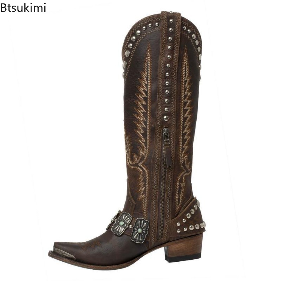 Women'S Shoes Chelsea - リベット刺繍カウボーイブーツポインテッドトゥジップ大人女性のナイトブーツ金属装飾パンクスクエアヒール冬カジュアルシューズ