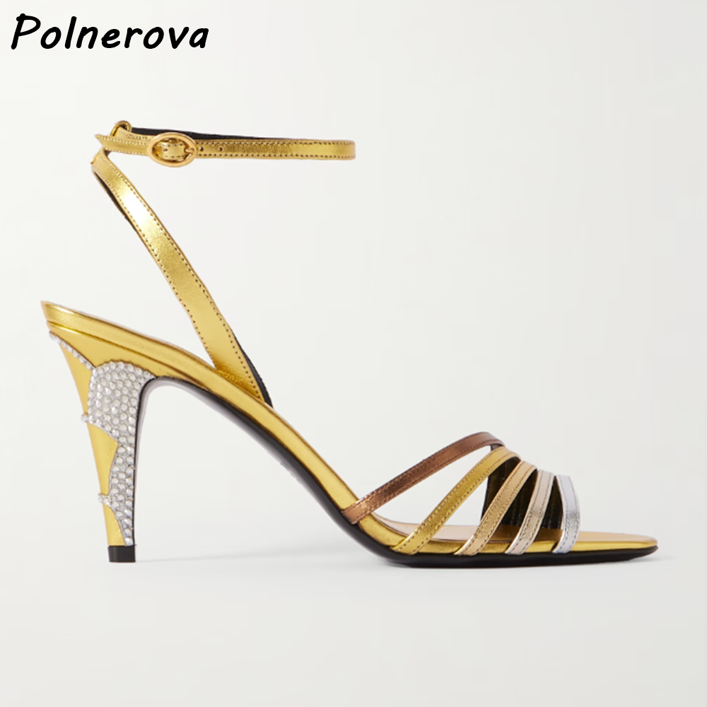 ゴールドシルバーラインストーンヒールサンダルストレートストラ - Metallic Heel Sandal のレビューと価格