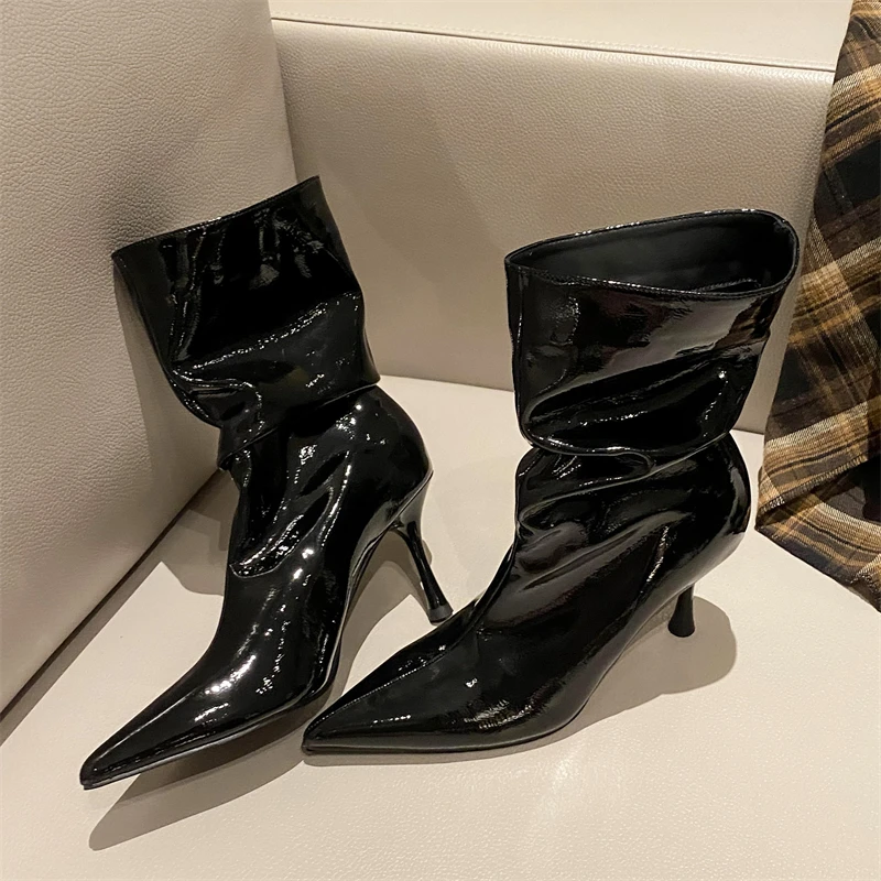 Aneikeh しわデザインプリーツパテントレザー女性アンク - Women'S Shoes Chelsea のレビューと価格