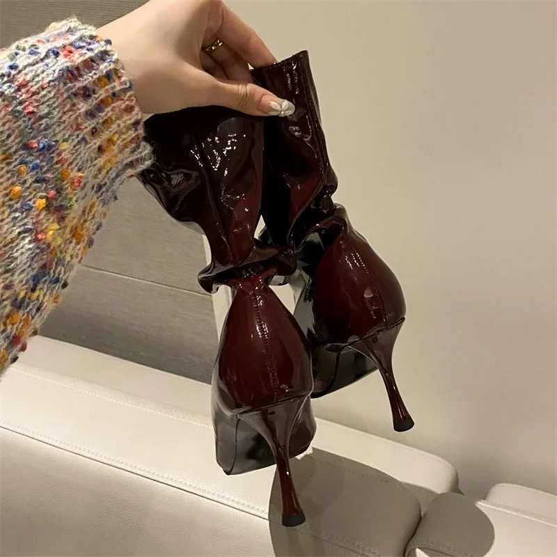 Aneikeh しわデザインプリーツパテントレザー女性アンク - Women'S Shoes Chelsea のレビューと価格
