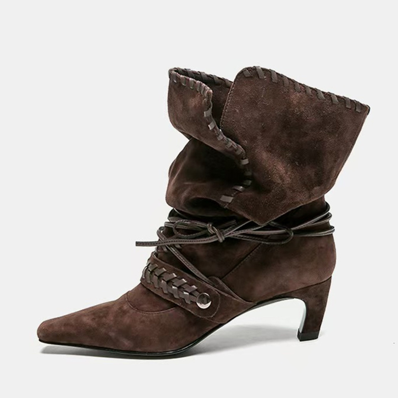Liyke 秋冬ブラウンスエード織りレースアップ女性折りプリ - Women'S Shoes Chelsea のレビューと価格